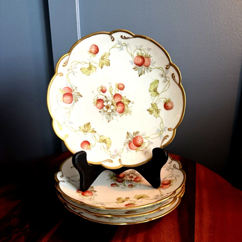 Antique Limoges LDBC Flambeau Hand Painted Strawberry Plates Set of 4 Luncheon